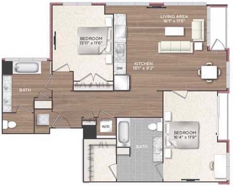 Floor plan for 2 beds, 2 baths, 1164 sqft